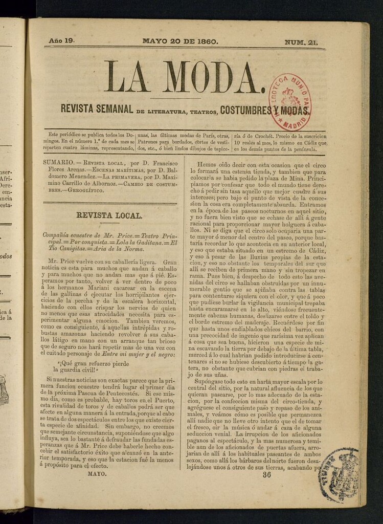 Miniatura de La Moda : revista semanal de literatura, teatros, costumbres y modas del 20 de mayo de 1860