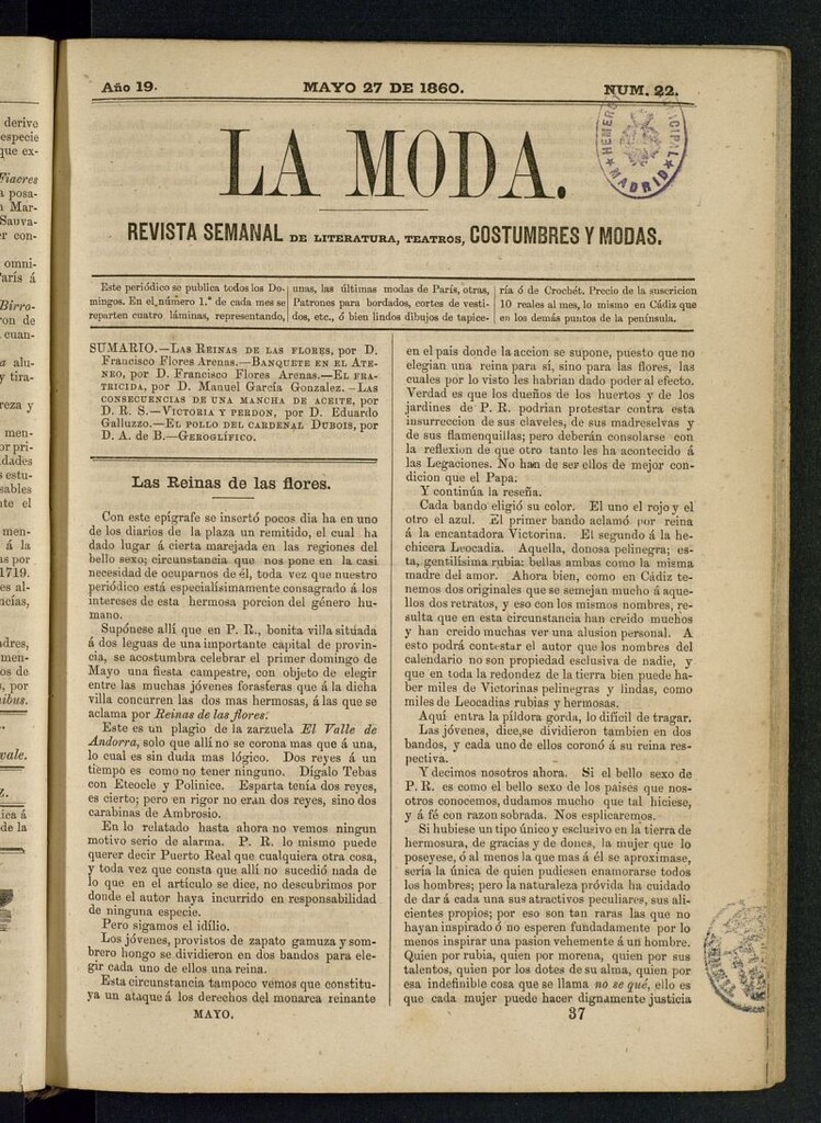Miniatura de La Moda : revista semanal de literatura, teatros, costumbres y modas del 27 de mayo de 1860