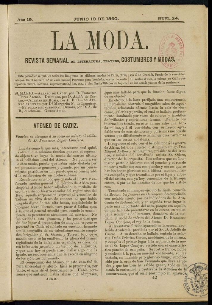 Miniatura de La Moda : revista semanal de literatura, teatros, costumbres y modas del 10 de junio de 1860
