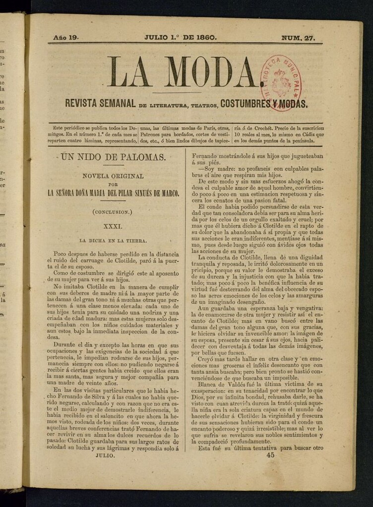 Miniatura de La Moda : revista semanal de literatura, teatros, costumbres y modas del 1 de julio de 1860
