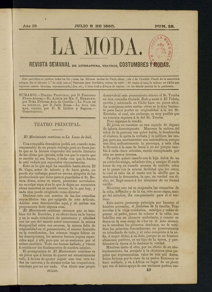 Miniatura de La Moda : revista semanal de literatura, teatros, costumbres y modas del 8 de julio de 1860