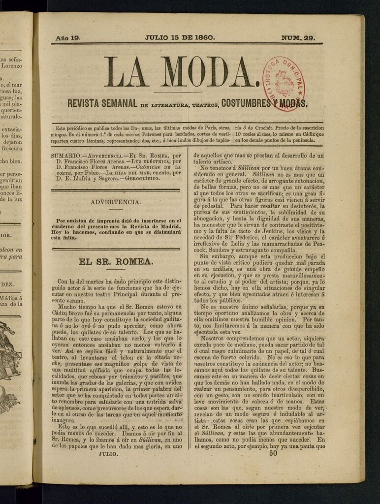 Miniatura de La Moda : revista semanal de literatura, teatros, costumbres y modas del 15 de julio de 1860