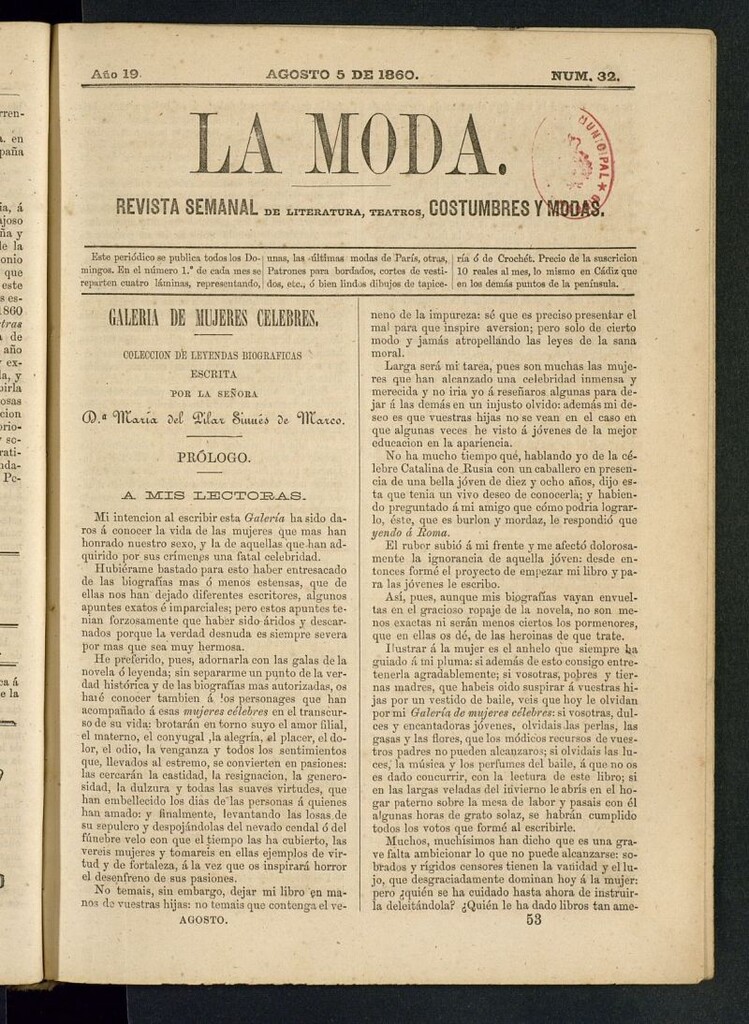 Miniatura de La Moda : revista semanal de literatura, teatros, costumbres y modas del 5 de agosto de 1860