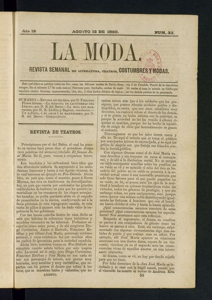 Miniatura de La Moda : revista semanal de literatura, teatros, costumbres y modas del 12 de agosto de 1860