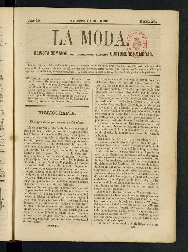 Miniatura de La Moda : revista semanal de literatura, teatros, costumbres y modas del 19 de agosto de 1860