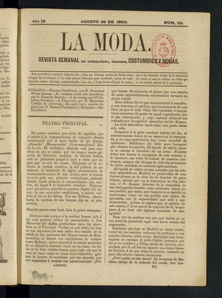 Miniatura de La Moda : revista semanal de literatura, teatros, costumbres y modas del 26 de agosto de 1860
