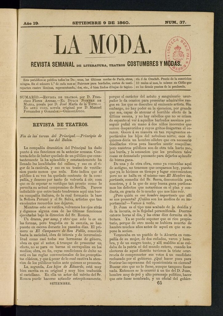 Miniatura de La Moda : revista semanal de literatura, teatros, costumbres y modas del 9 de septiembre de 1860