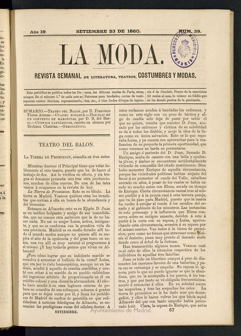 Miniatura de La Moda : revista semanal de literatura, teatros, costumbres y modas del 23 de septiembre de 1860