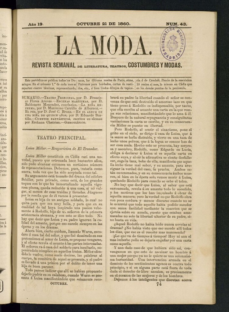 Miniatura de La Moda : revista semanal de literatura, teatros, costumbres y modas del 21 de octubre de 1860