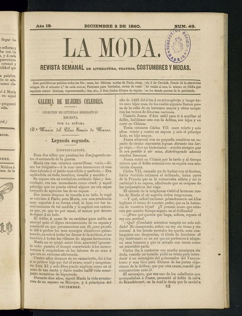 Miniatura de La Moda : revista semanal de literatura, teatros, costumbres y modas del 2 de diciembre de 1860