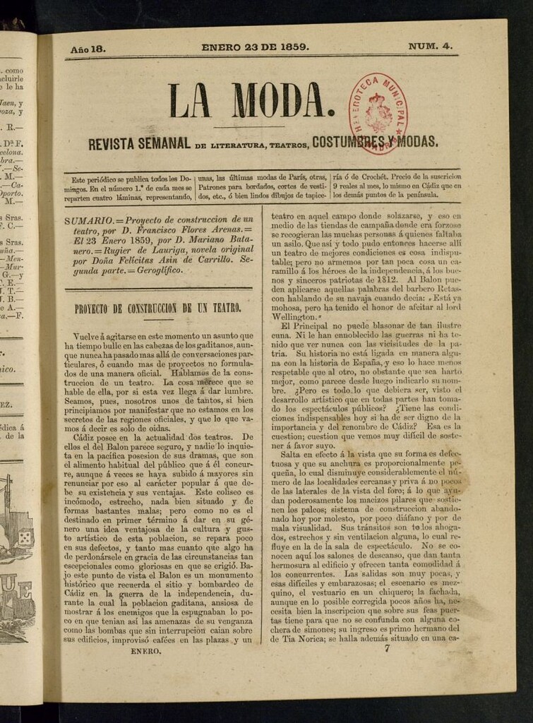 Miniatura de La Moda : revista semanal de literatura, teatros, costumbres y modas del 23 de enero de 1859
