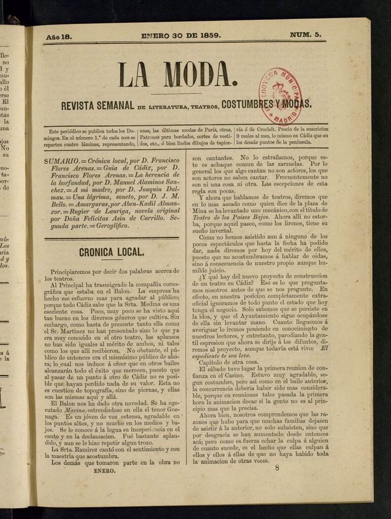 Miniatura de La Moda : revista semanal de literatura, teatros, costumbres y modas del 30 de enero de 1859