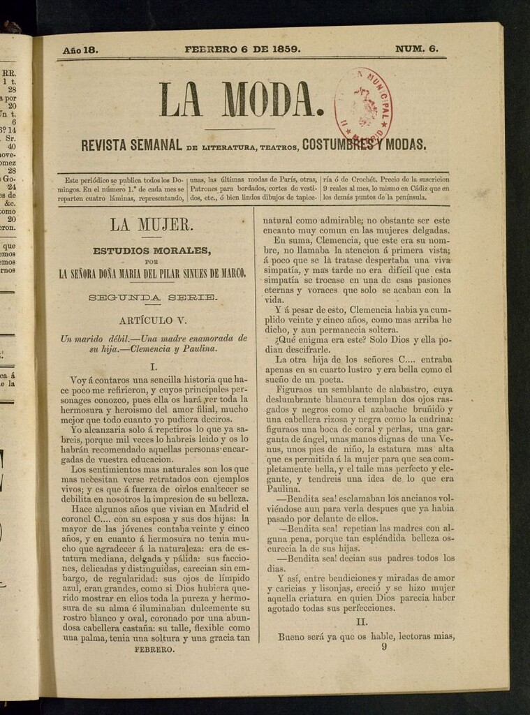 Miniatura de La Moda : revista semanal de literatura, teatros, costumbres y modas del 6 de febrero de 1859