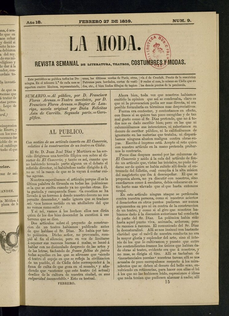 Miniatura de La Moda : revista semanal de literatura, teatros, costumbres y modas del 27 de febrero de 1859