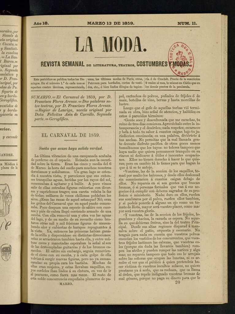 Miniatura de La Moda : revista semanal de literatura, teatros, costumbres y modas del 13 de marzo de 1859