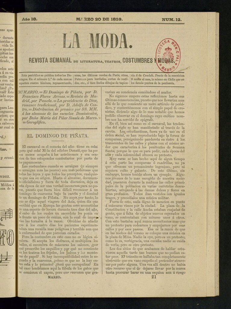 Miniatura de La Moda : revista semanal de literatura, teatros, costumbres y modas del 20 de marzo de 1859