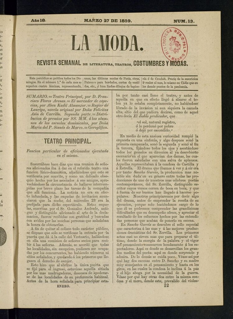 Miniatura de La Moda : revista semanal de literatura, teatros, costumbres y modas del 27 de marzo de 1859