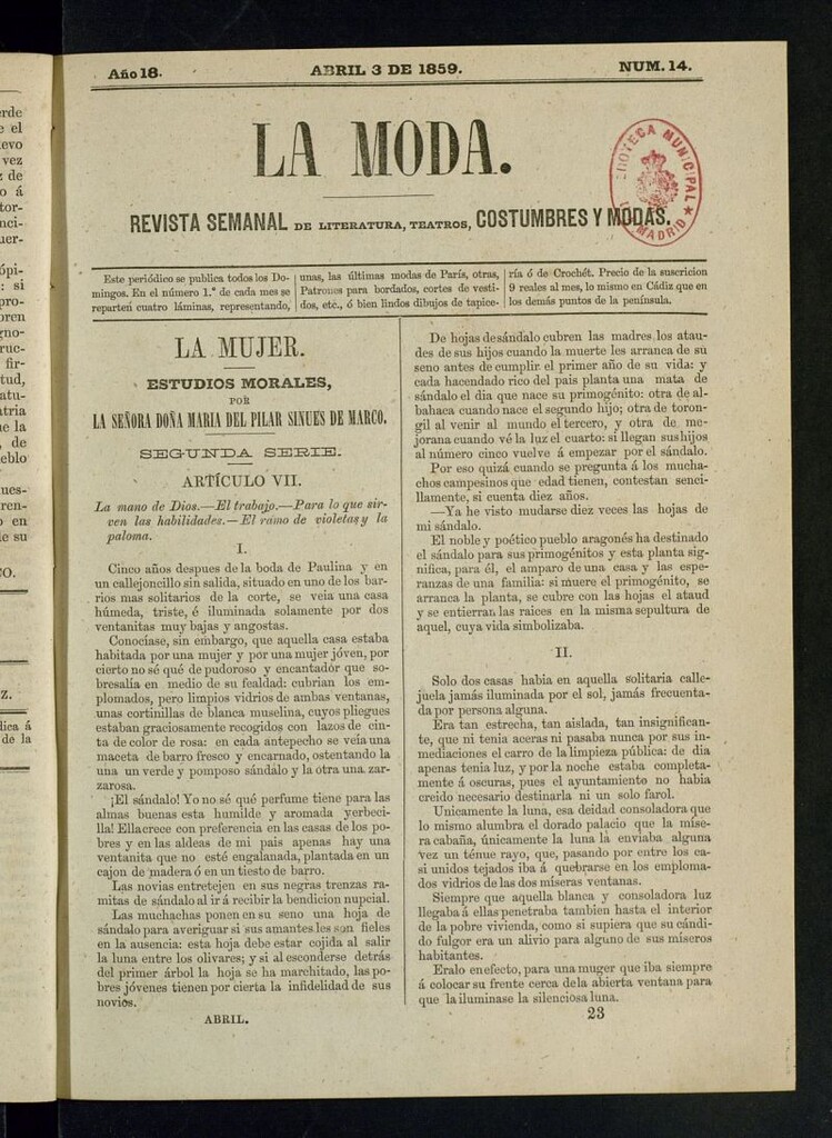 Miniatura de La Moda : revista semanal de literatura, teatros, costumbres y modas del 3 de abril de 1859