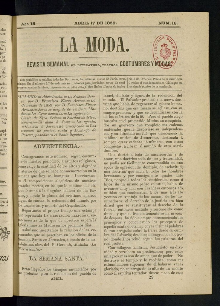 Miniatura de La Moda : revista semanal de literatura, teatros, costumbres y modas del 17 de abril de 1859