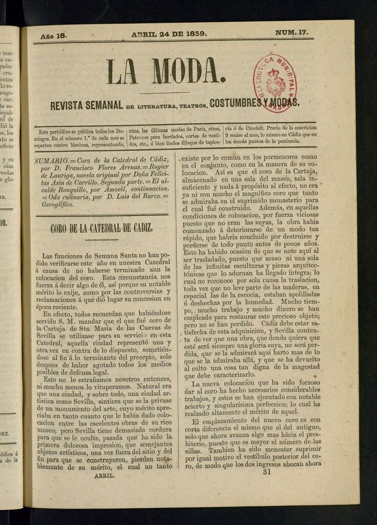 Miniatura de La Moda : revista semanal de literatura, teatros, costumbres y modas del 24 de abril de 1859