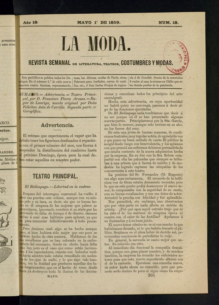 Miniatura de La Moda : revista semanal de literatura, teatros, costumbres y modas del 1 de mayo de 1859