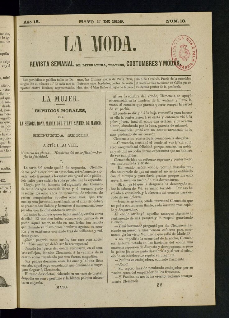 Miniatura de La Moda : revista semanal de literatura, teatros, costumbres y modas del 1 [sic] de mayo de 1859