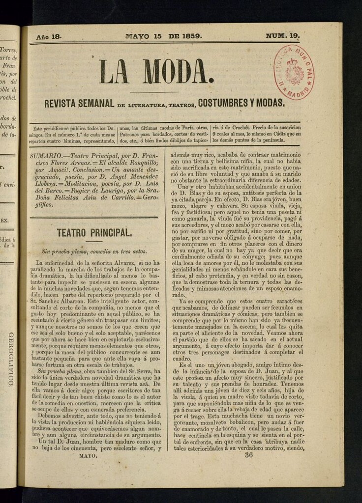 Miniatura de La Moda : revista semanal de literatura, teatros, costumbres y modas del 15 de mayo de 1859
