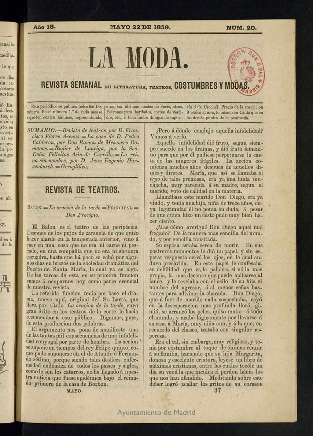 Miniatura de La Moda : revista semanal de literatura, teatros, costumbres y modas del 22 de mayo de 1859