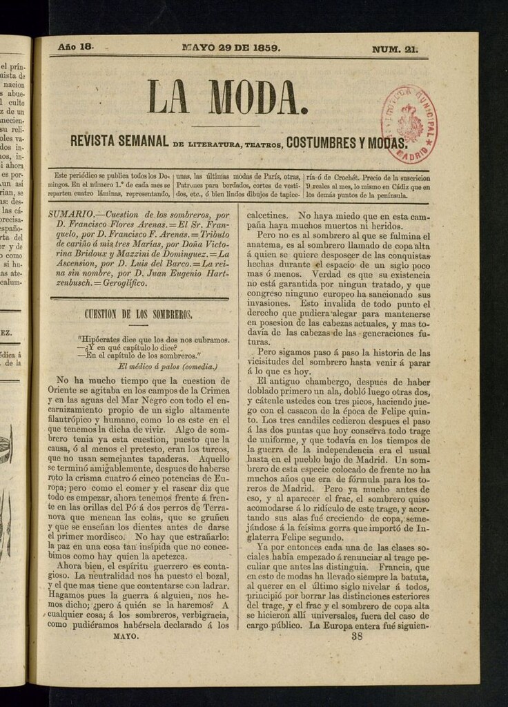 Miniatura de La Moda : revista semanal de literatura, teatros, costumbres y modas del 29 de mayo de 1859