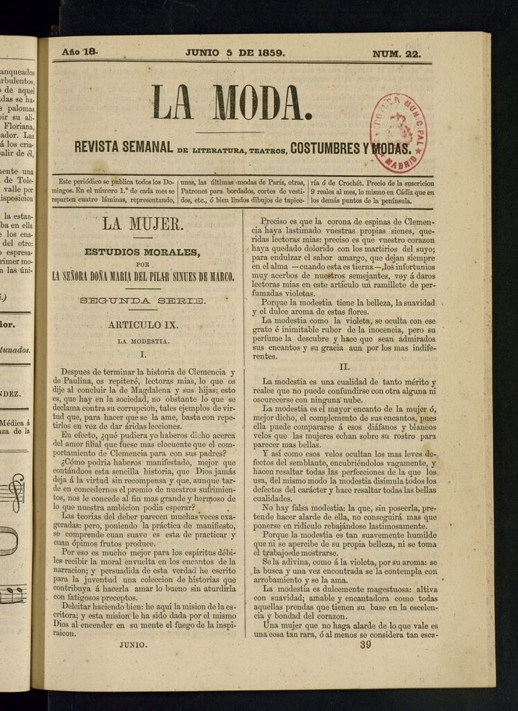 Miniatura de La Moda : revista semanal de literatura, teatros, costumbres y modas del 5 de junio de 1859