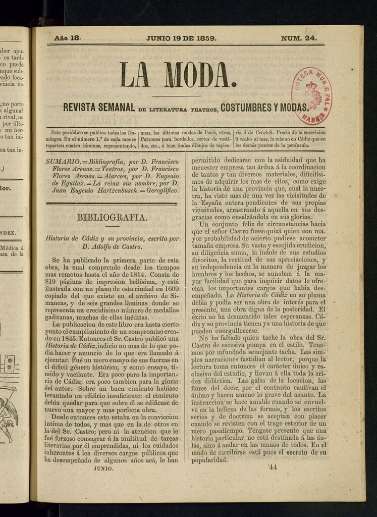 Miniatura de La Moda : revista semanal de literatura, teatros, costumbres y modas del 19 de junio de 1859