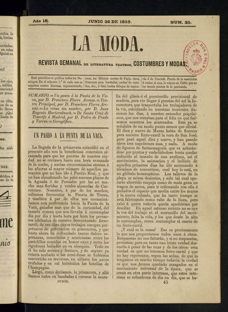 Miniatura de La Moda : revista semanal de literatura, teatros, costumbres y modas del 26 de junio de 1859