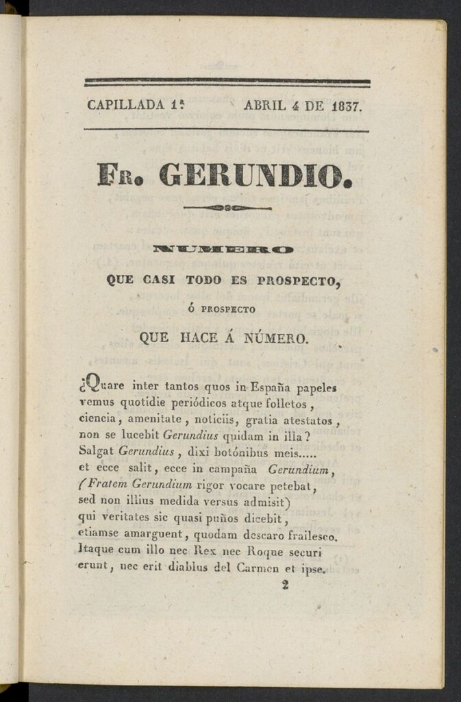 Miniatura de Fr. Gerundio: periódico satírico de política y costumbres del 4 de abril de 1837, capillada 1ª