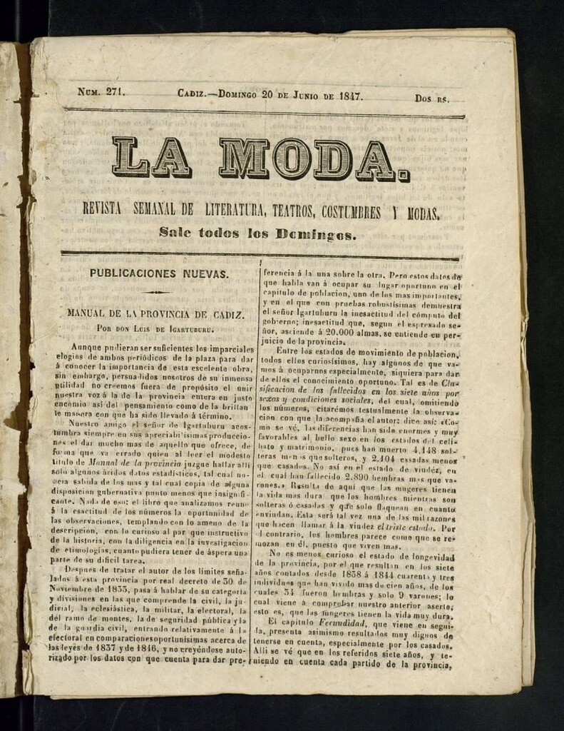 Miniatura de La Moda: revista semanal de literatura, teatros, costumbres y modas de 20 de junio de 1847