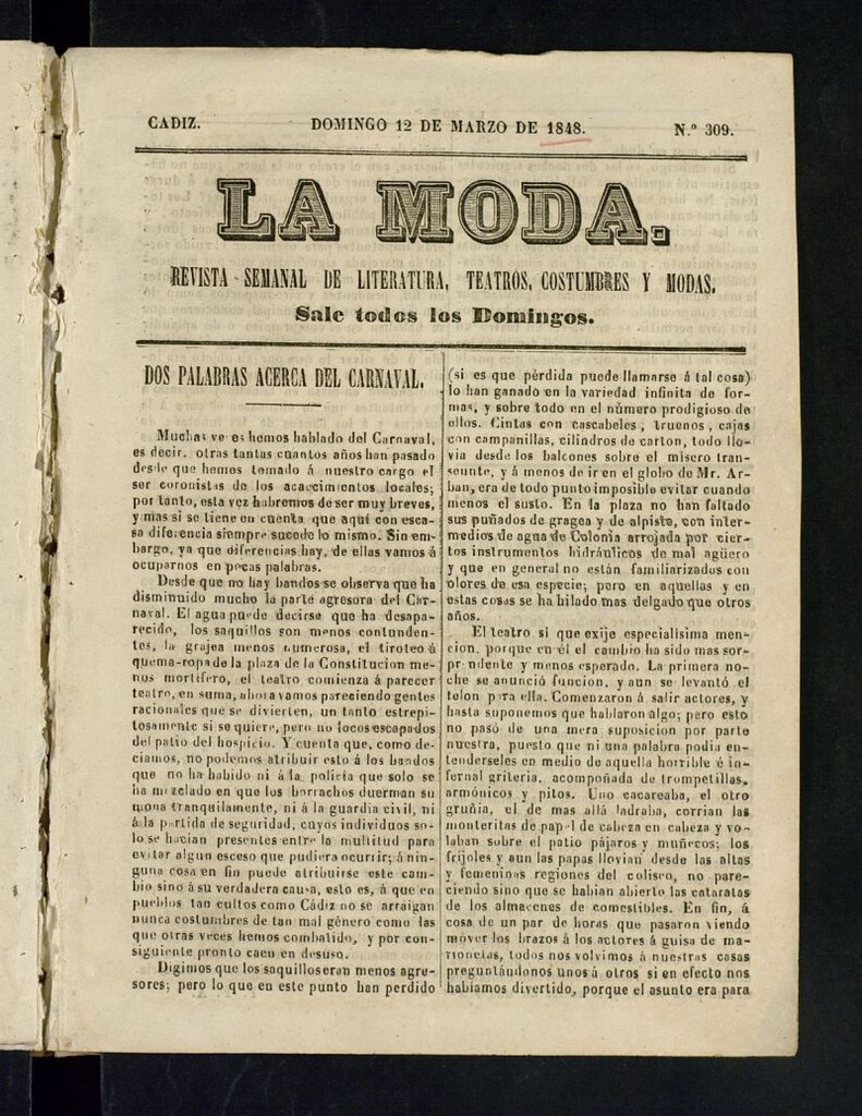 Miniatura de La Moda: revista semanal de literatura, teatros, costumbres y modas de 12 de marzo de 1848