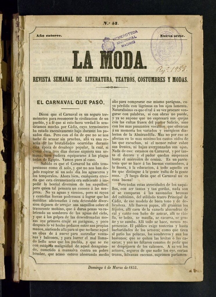 Miniatura de La Moda : revista semanal de literatura, teatros, costumbres y moda del 4 de marzo de 1855