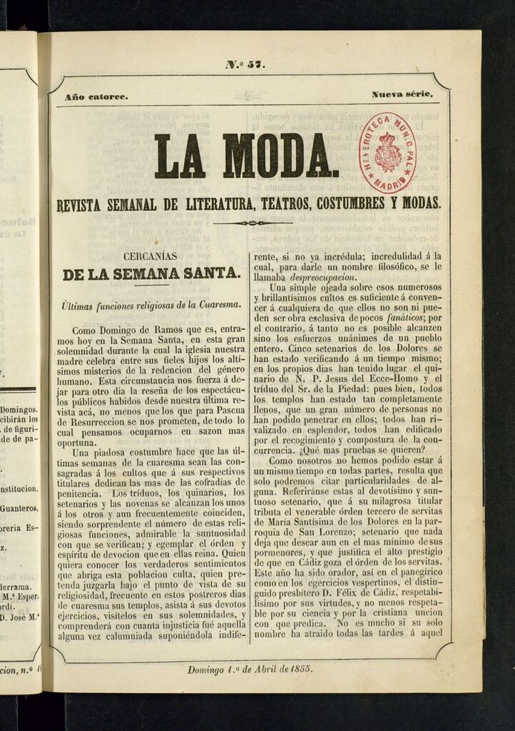 Miniatura de La Moda : revista semanal de literatura, teatros, costumbres y moda del 1 de abril de 1855