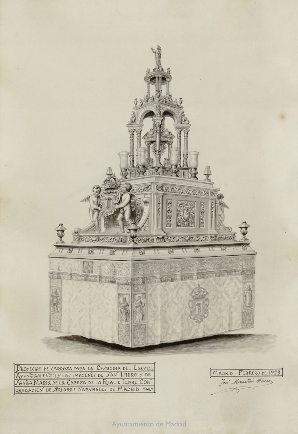 Miniatura de Proyecto de una carroza para la Custodia del Excmo. Ayuntamiento y las imágenes de San Isidro y de Santa María de la Cabeza, de la Real e Ilustre Congregación de Seglares Naturales de Madrid