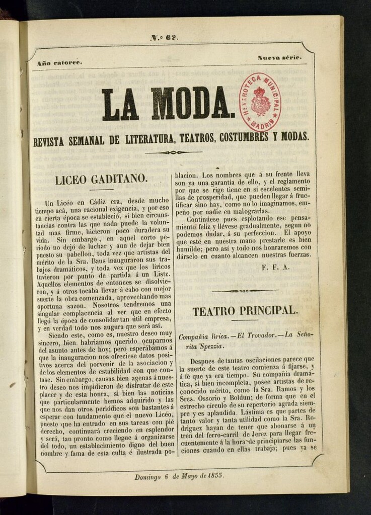 Miniatura de La Moda : revista semanal de literatura, teatros, costumbres y moda del 6 de mayo de 1855