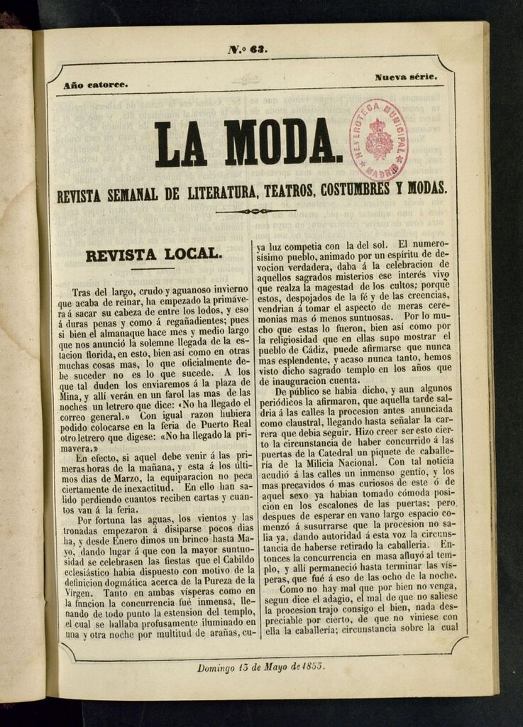 Miniatura de La Moda : revista semanal de literatura, teatros, costumbres y moda del 13 de mayo de 1855