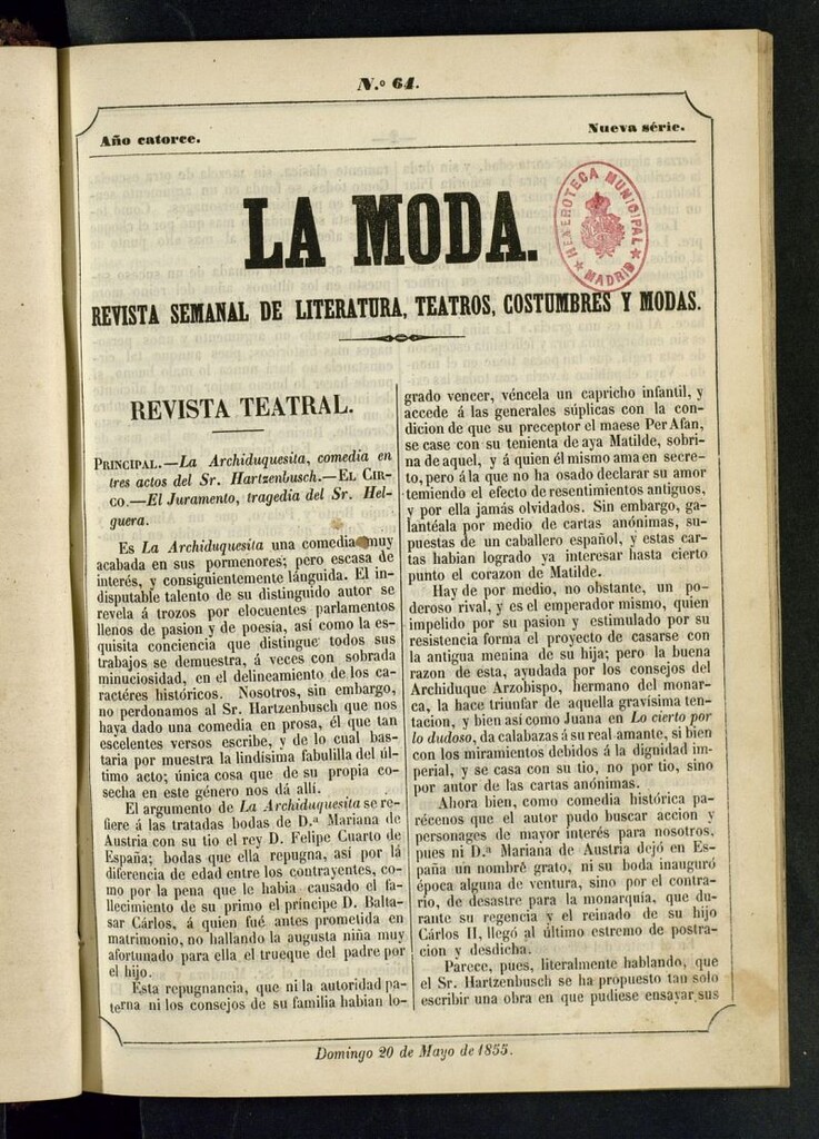 Miniatura de La Moda : revista semanal de literatura, teatros, costumbres y moda del 20 de mayo de 1855