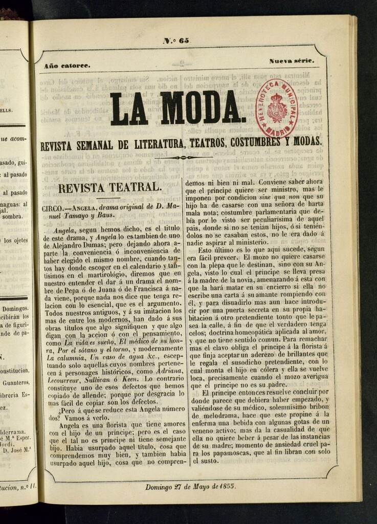 Miniatura de La Moda : revista semanal de literatura, teatros, costumbres y moda del 27 de mayo de 1855