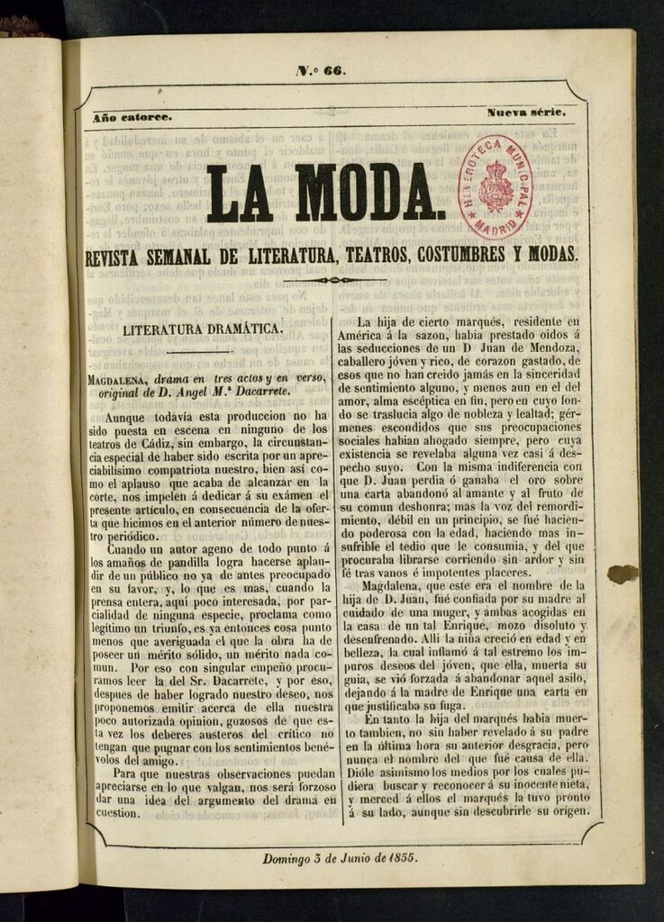 Miniatura de La Moda : revista semanal de literatura, teatros, costumbres y moda del 3 de junio de 1855