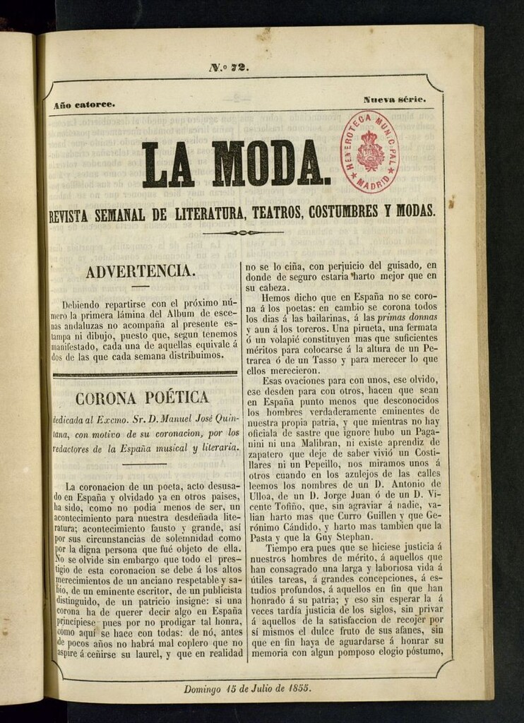 Miniatura de La Moda : revista semanal de literatura, teatros, costumbres y moda del 15 de julio de 1855