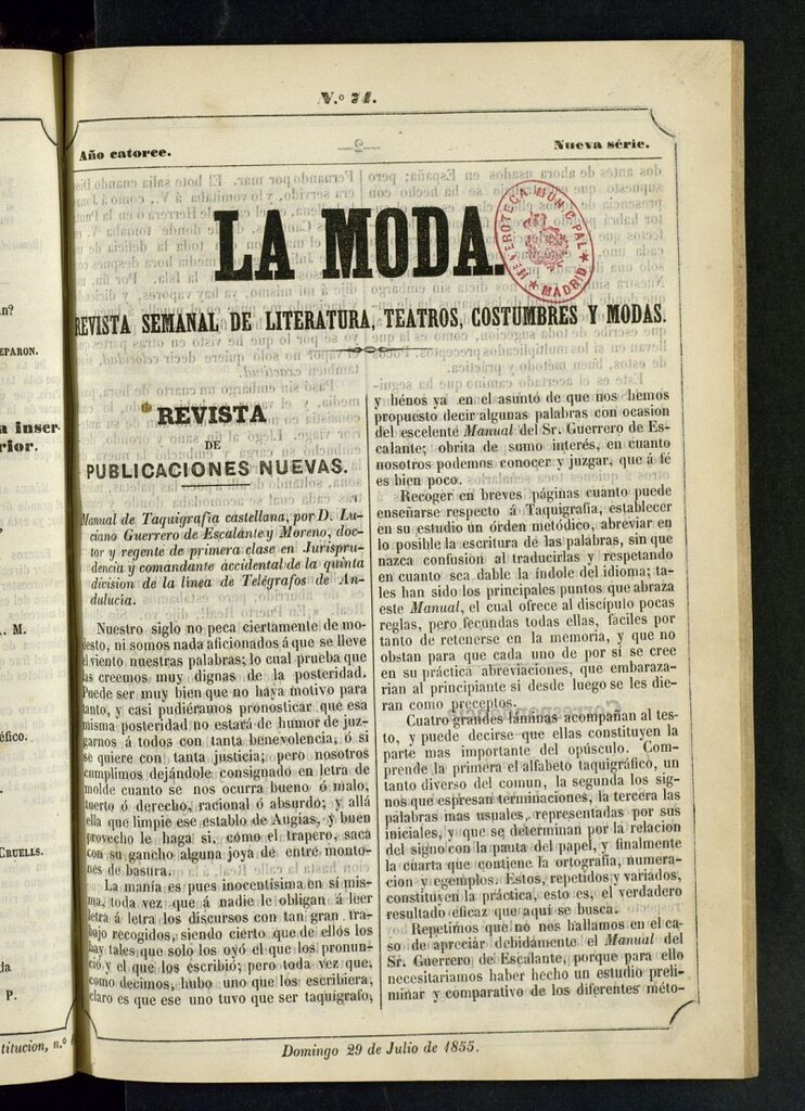 Miniatura de La Moda : revista semanal de literatura, teatros, costumbres y moda del 29 de julio de 1855