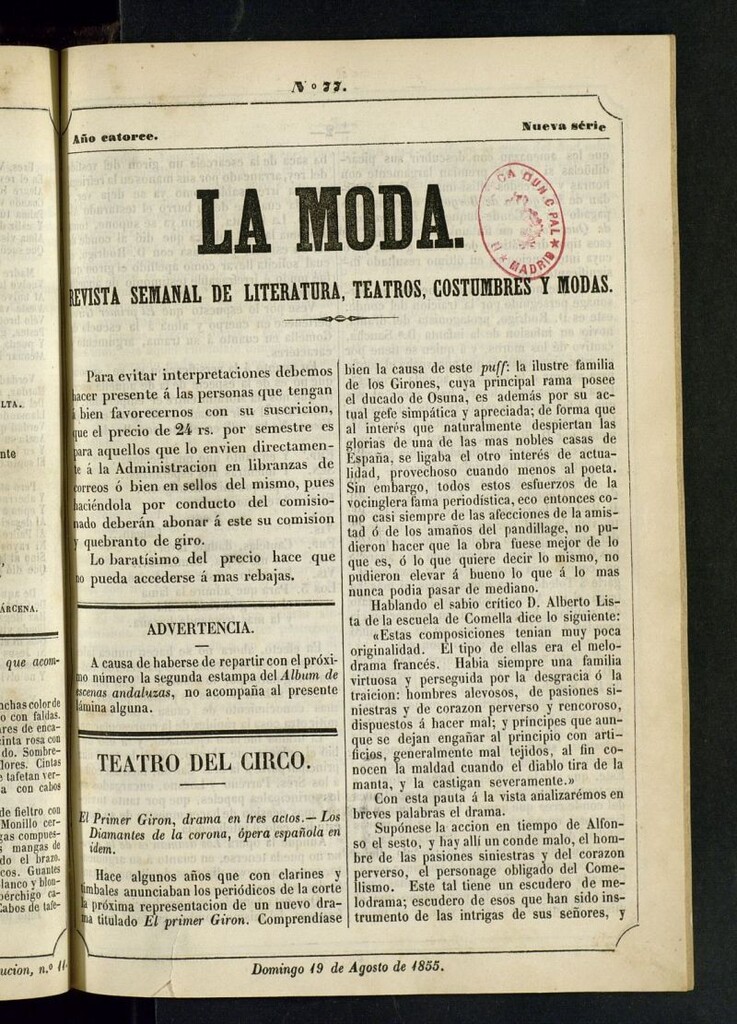 Miniatura de La Moda : revista semanal de literatura, teatros, costumbres y moda del 19 de agosto de 1855