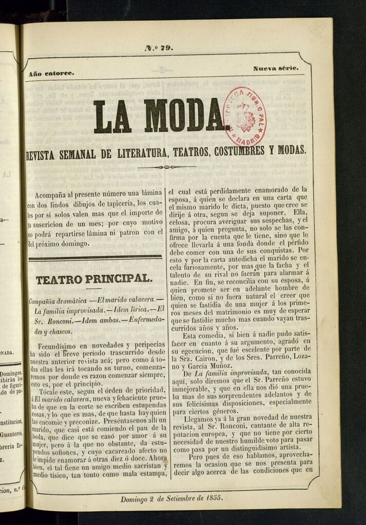 Miniatura de La Moda : revista semanal de literatura, teatros, costumbres y moda del 2 de septiembre de 1855