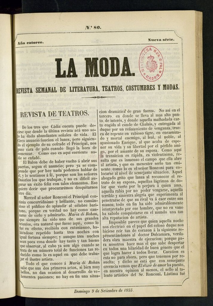 Miniatura de La Moda : revista semanal de literatura, teatros, costumbres y moda del 9 de septiembre de 1855