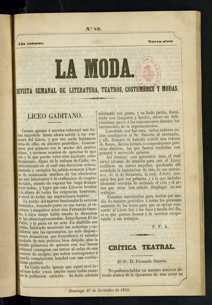 Miniatura de La Moda : revista semanal de literatura, teatros, costumbres y moda del 23 de septiembre de 1855