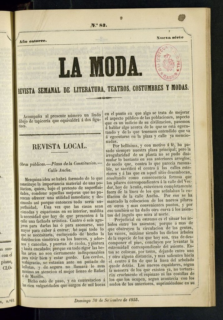 Miniatura de La Moda : revista semanal de literatura, teatros, costumbres y moda del 30 de septiembre de 1855